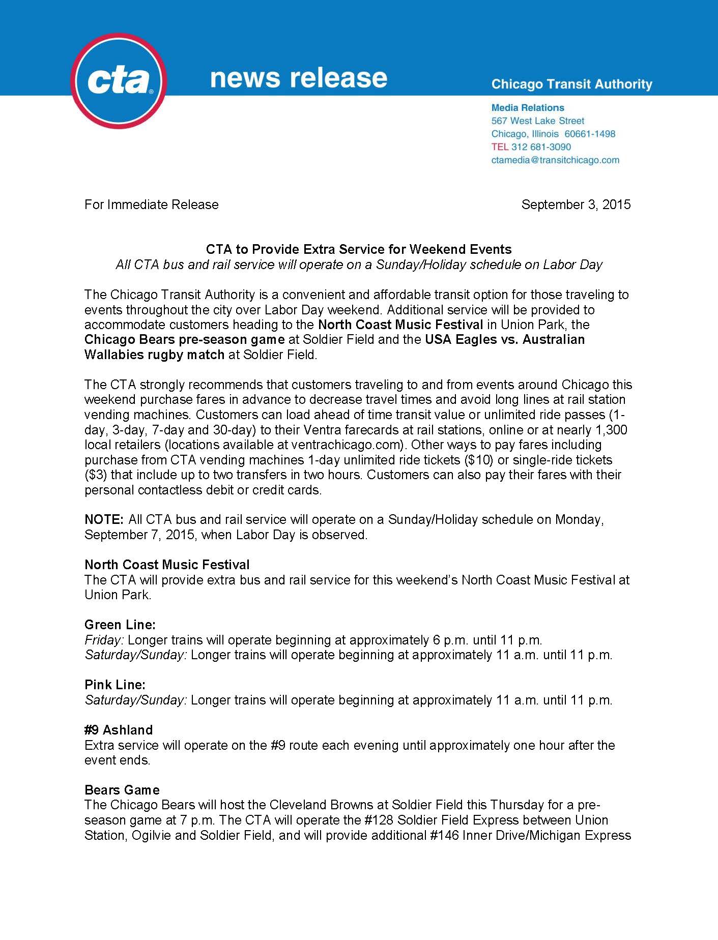 CTA Additional Service Labor Day Weekend Page 1