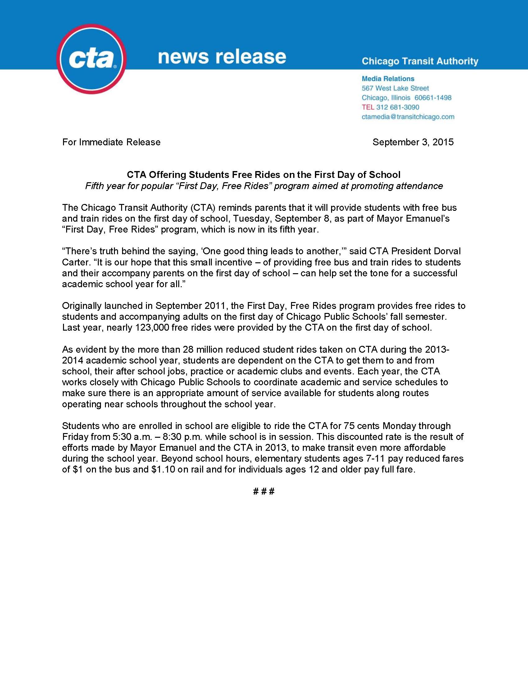 CTA First Day Free Rides 2015